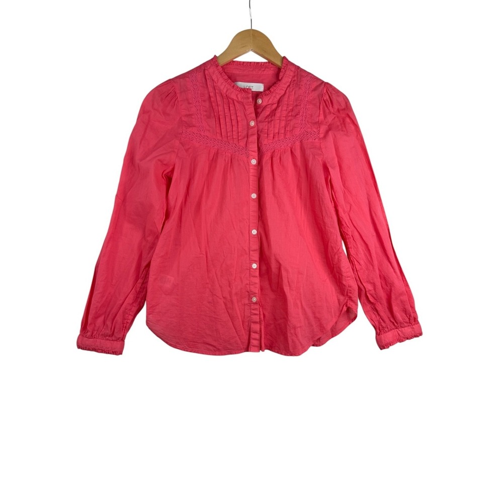 Loft Embroidered Pleated Yoke Button Down Long Sleeve size Small Coral Pink